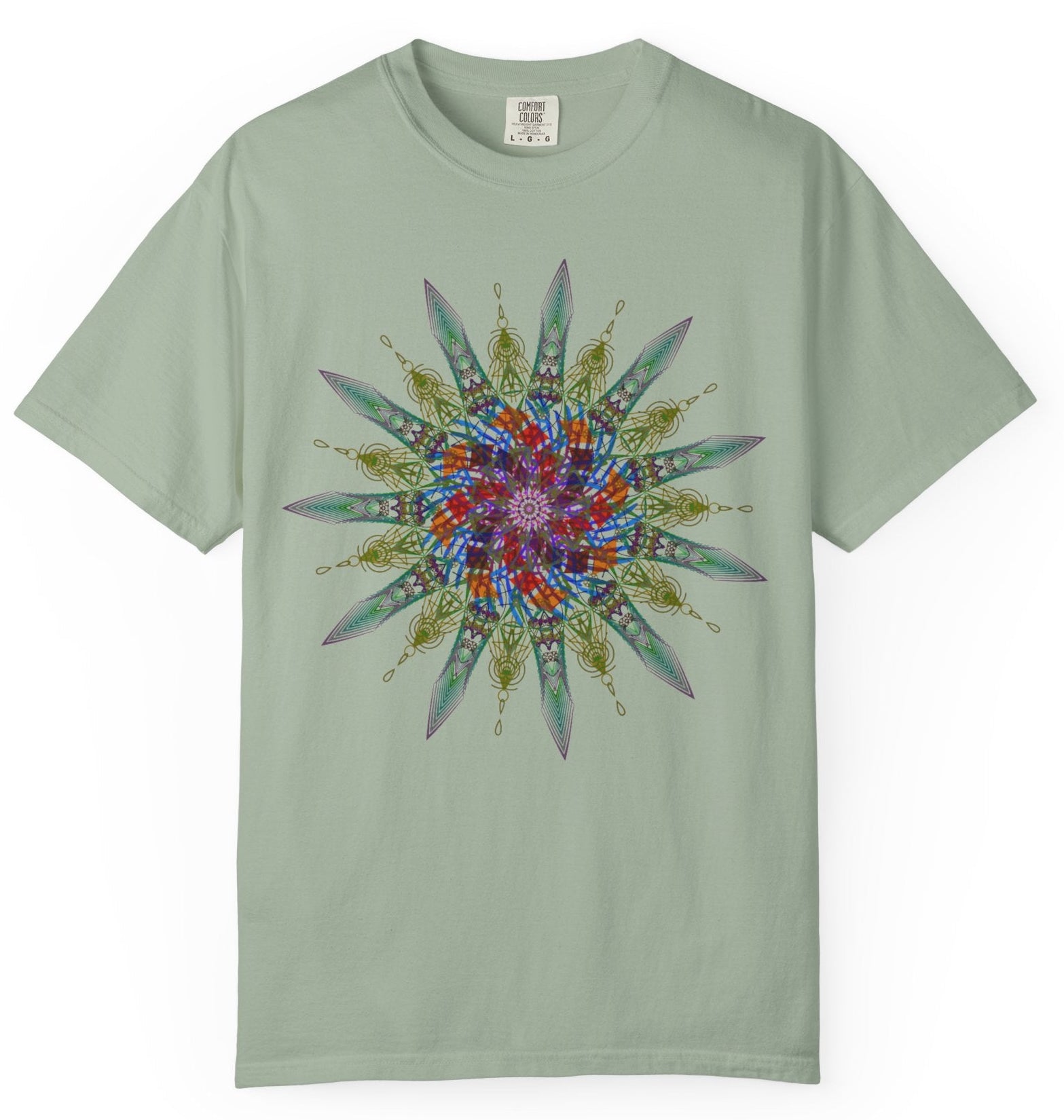 A sage green short-sleeve crewneck t-shirt featuring a large, colorful mandala graphic printed on the chest, displayed against a clean background.
